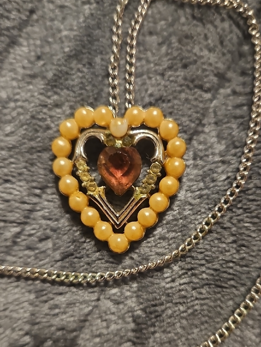 VINTAGE Yellow Beaded Heart Pendant Necklace with Amber Center